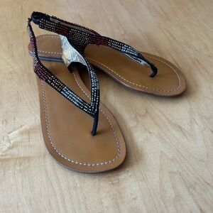 Women's Beaded Leather Thong Sandals in Black and Brown